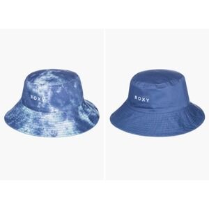 Roxy Aloha Sunshine Reversible Cotton Bucket Hat Blue Tie Dye Solid Embroidered